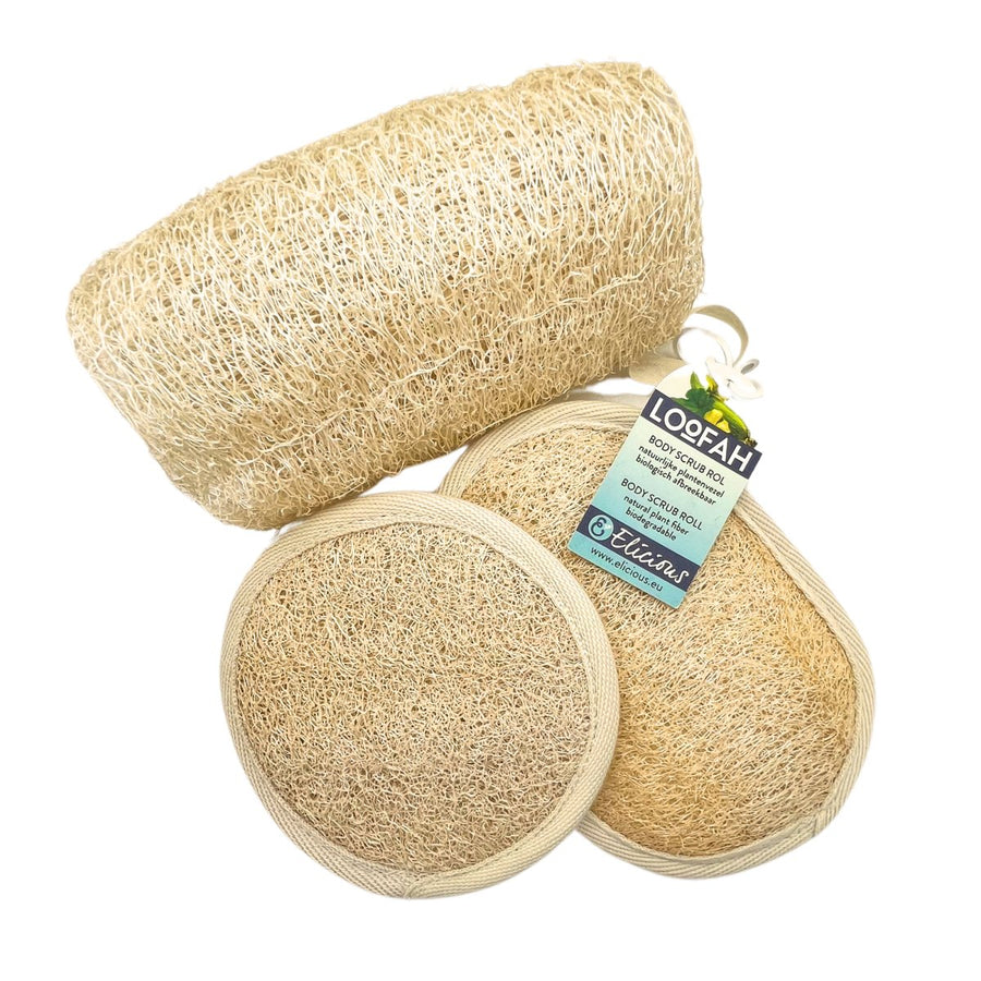 Complete Loofah Scrub Set – Body Rol, Scrub Pad & Gezichtspad - Elicious