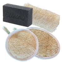 Loofah en zeepset Charcoal Lavender + body scrub rol + body scrub pad + gezichts scrub pad - Elicious