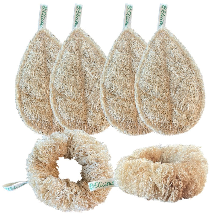 Loofah set van 4 afwaspads ovaal en 2 kookpan scrubbers - Elicious