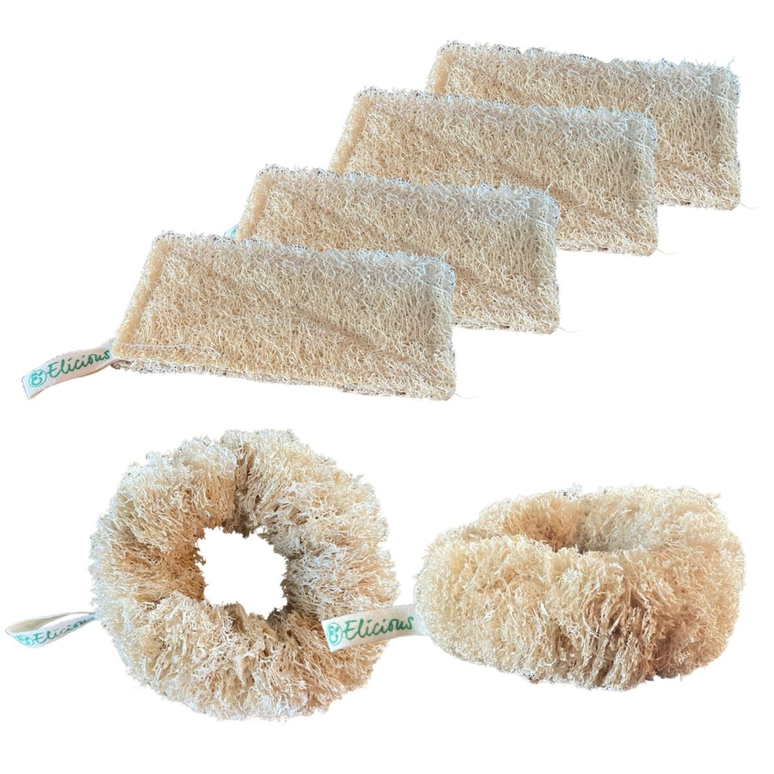 Loofah set van 4 afwaspads rechthoek en 2 kookpan scrubbers - Elicious