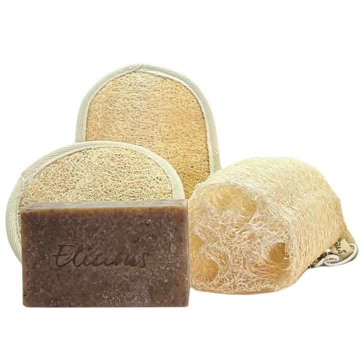 Natuurlijke zeep Serene Sandalwood & Biologisch afbreekbare Loofah scrub set - Elicious