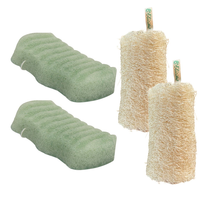 Set van 2 Konjac Aloe Vera badsponzen en 2 Loofah body scrub rolls - Elicious