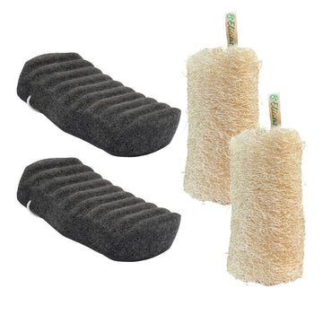 Set van 2 Konjac Charcoal badsponzen en 2 Loofah body scrub rolls - Elicious