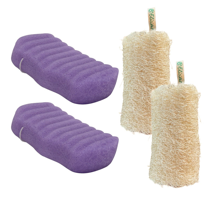 Set van 2 Konjac Lavendel badsponzen en 2 Loofah body scrub rolls - Elicious